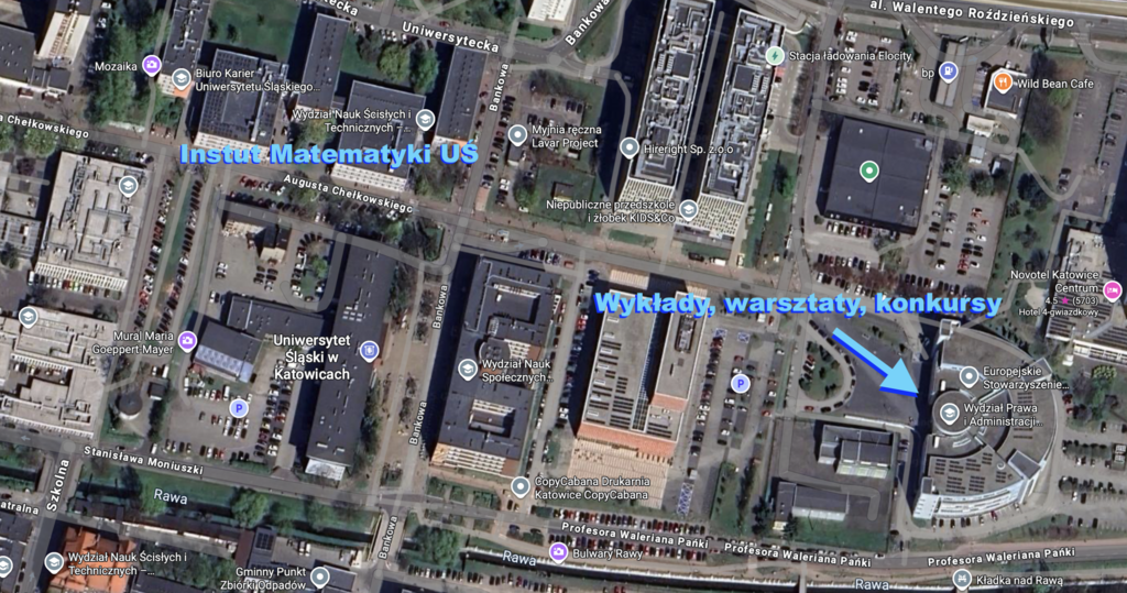 Mapa satelitarna ze wskazanym miejscem Kongresu, tj. Wydziałem prawa i Administracji UŚ oraz Instytutem Matematyki UŚ.