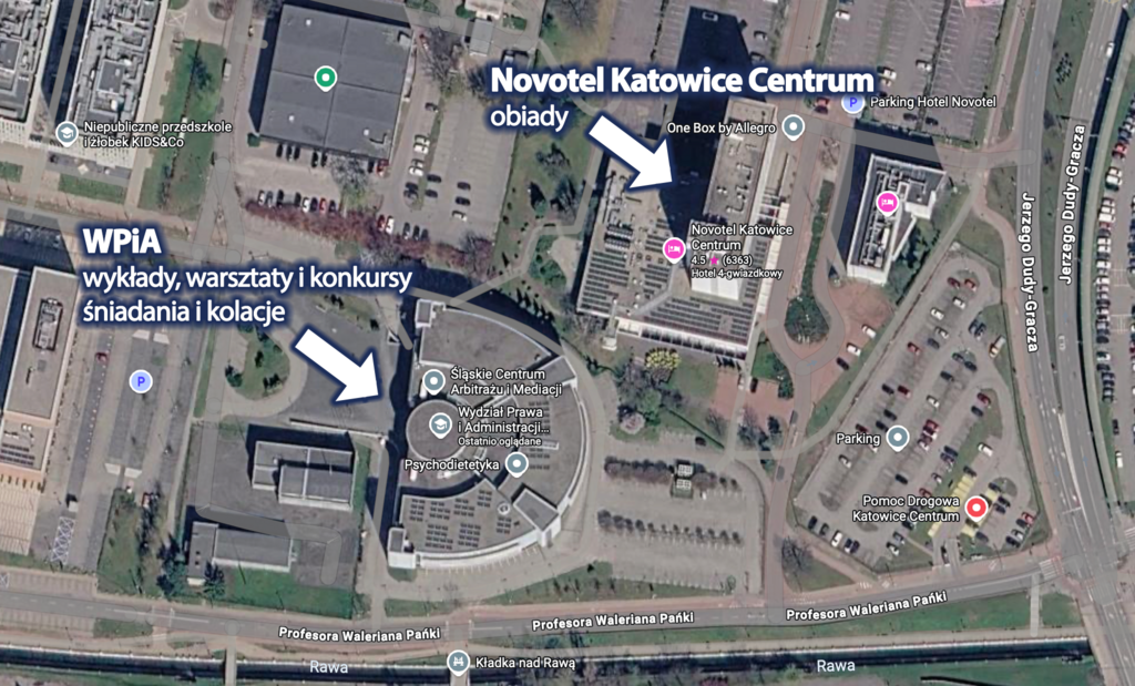 Mapa satelitarna ze wskazanym miejscem Kongresu, tj.  Wydziałem prawa i Administracji UŚ  oraz Instytutem Matematyki UŚ.